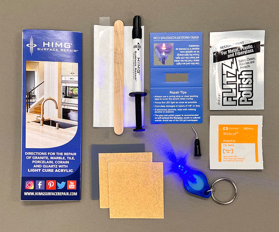This kit includes:  • 1 gram syringe of LCA™ Black • 1 packet of Flitz polish paste • a LED curing light • a LED Light Stand • wood application tool • non-scratch sandpaper • a curing strip • a micro tip • an alcohol preparation pad • multi language repair instructions