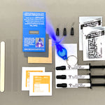 Kit components include : brown color syringes of LCA™, Flitz polish paste, LED curing light, a LED Light Stand, a wood application tool, a non-scratch sandpaper, a curing strip, a micro tip, an alcohol preparation pad, multi language repair instructions