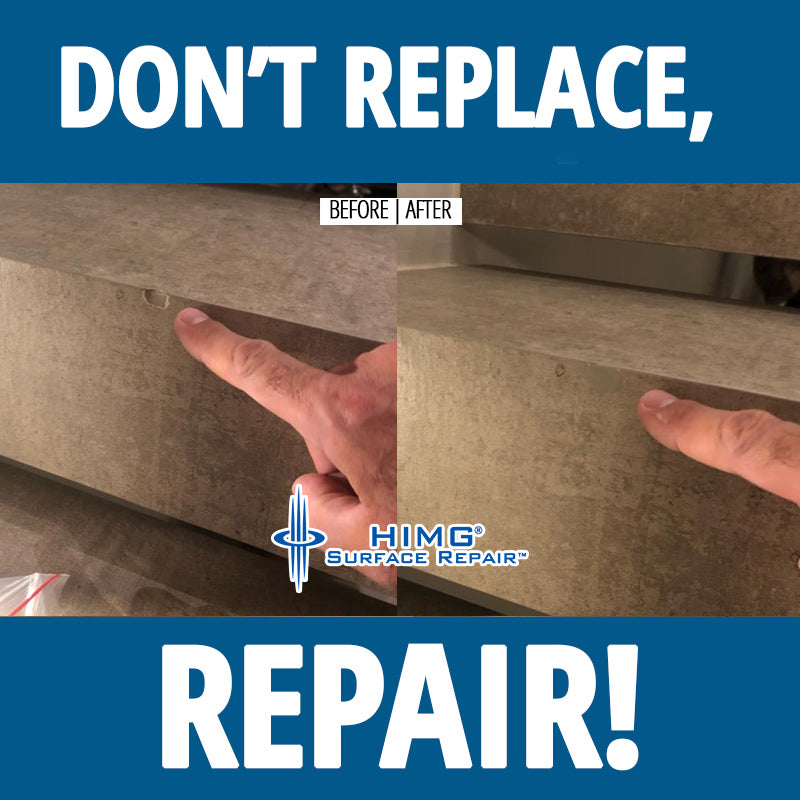 Before and after image of a brown colored granite, chip repair. Don’t replace, repair with HIMG Light Cure Acrylic Surface Repair Kits.