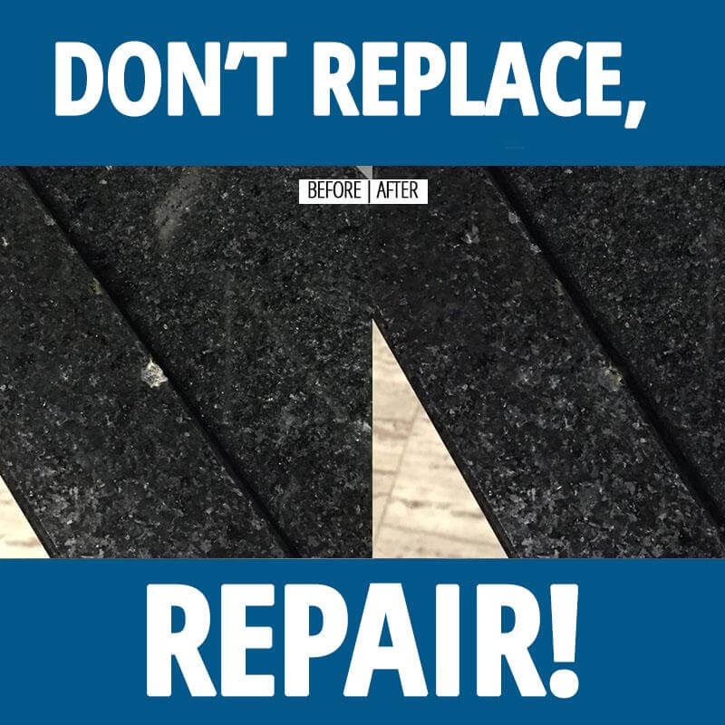 Before and after image of a black colored granite surface repair. Don’t replace, repair with HIMG Light Cure Acrylic Surface Repair Kits