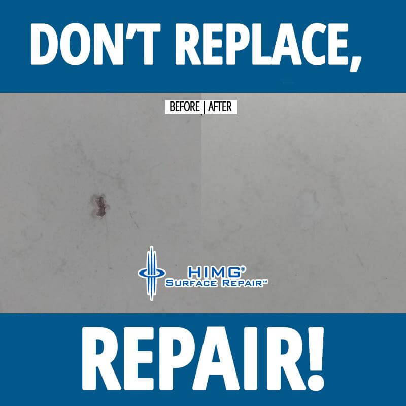 before, after images showing a tile damage. Repair was made with HIMG® Light Cure® Acrylic Surface Repair Kit.