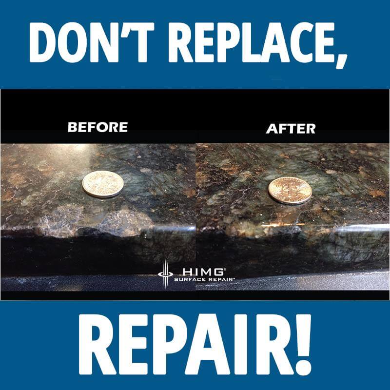 Before and after image of a granite, chip repair. Don’t replace, repair with HIMG Light Cure Acrylic Surface Repair Kits. This repair is done using the Clear Color Light Cure Surface Repair kit.