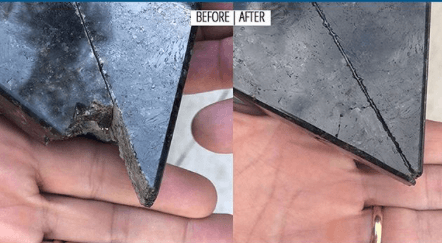 Before and after image showing a natural stone repair. We used the Self Cure Acrylic Kit to repair this damage.